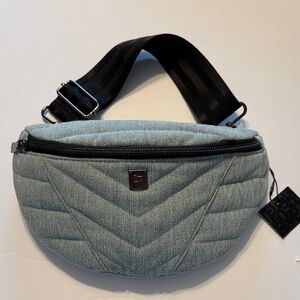 THINK ROYLN Quilted Light Gray Belt Bag with Black Strap